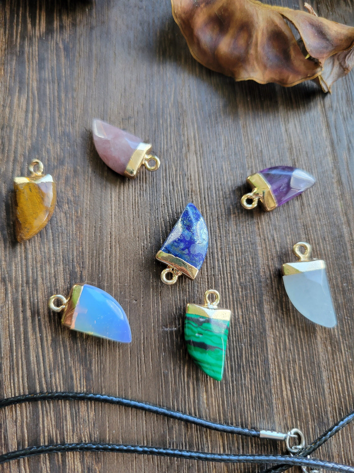 Natural Gemstones Pendants, Top Light Gold Plated, Scabbard Faceted Crystal with Cord