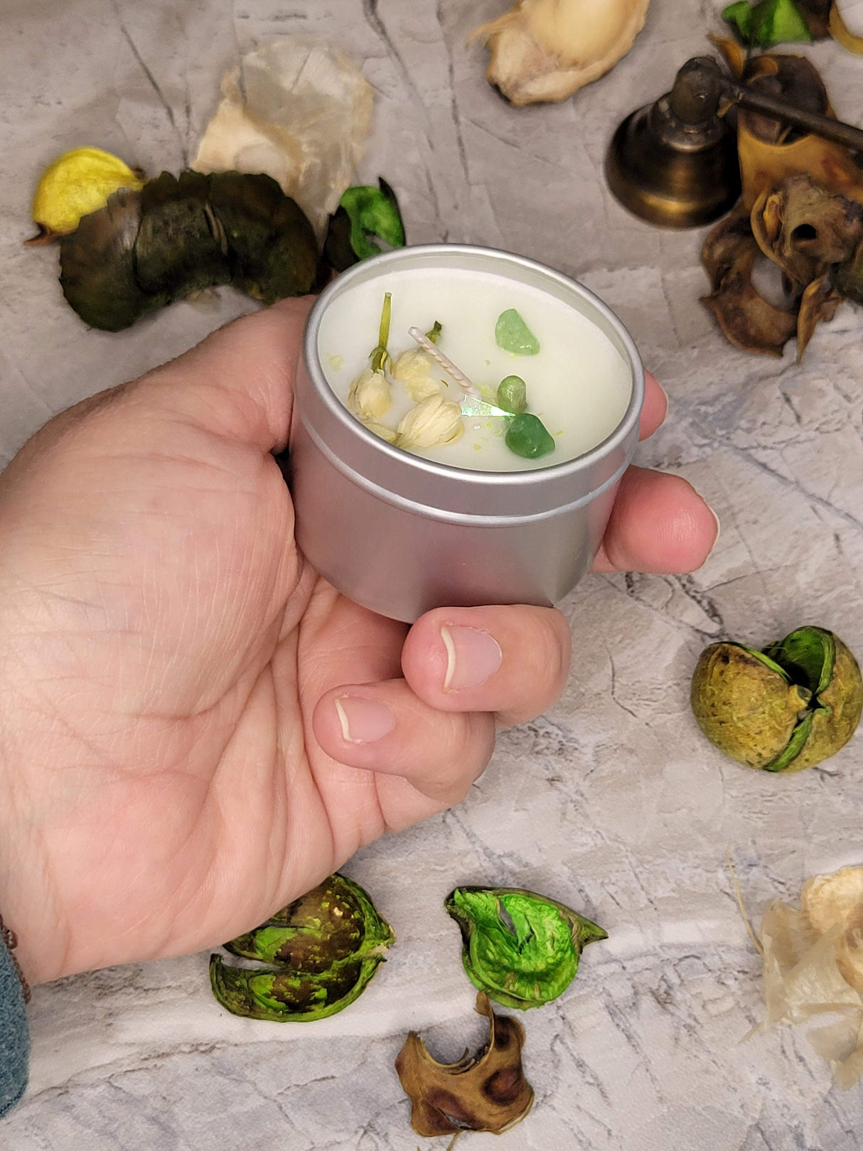 Handmade Soy Intention Candle: Crystal & Flower Infused, 2oz Sample