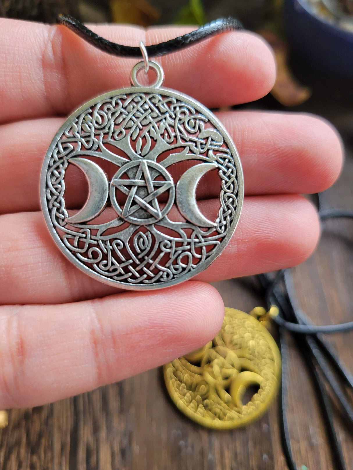 Triple Moon Pentagram Charm: Round Talisman Protection Jewelry