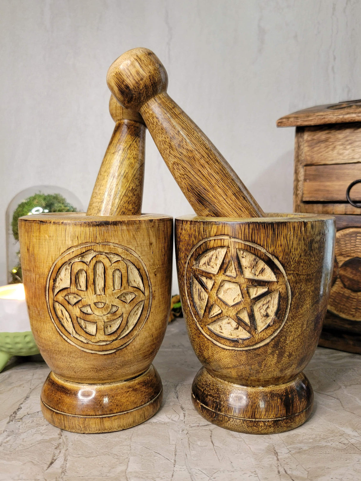 Witch's Wooden Mortar & Pestle Triquetra, Mortar Tree of Life, Pentacle