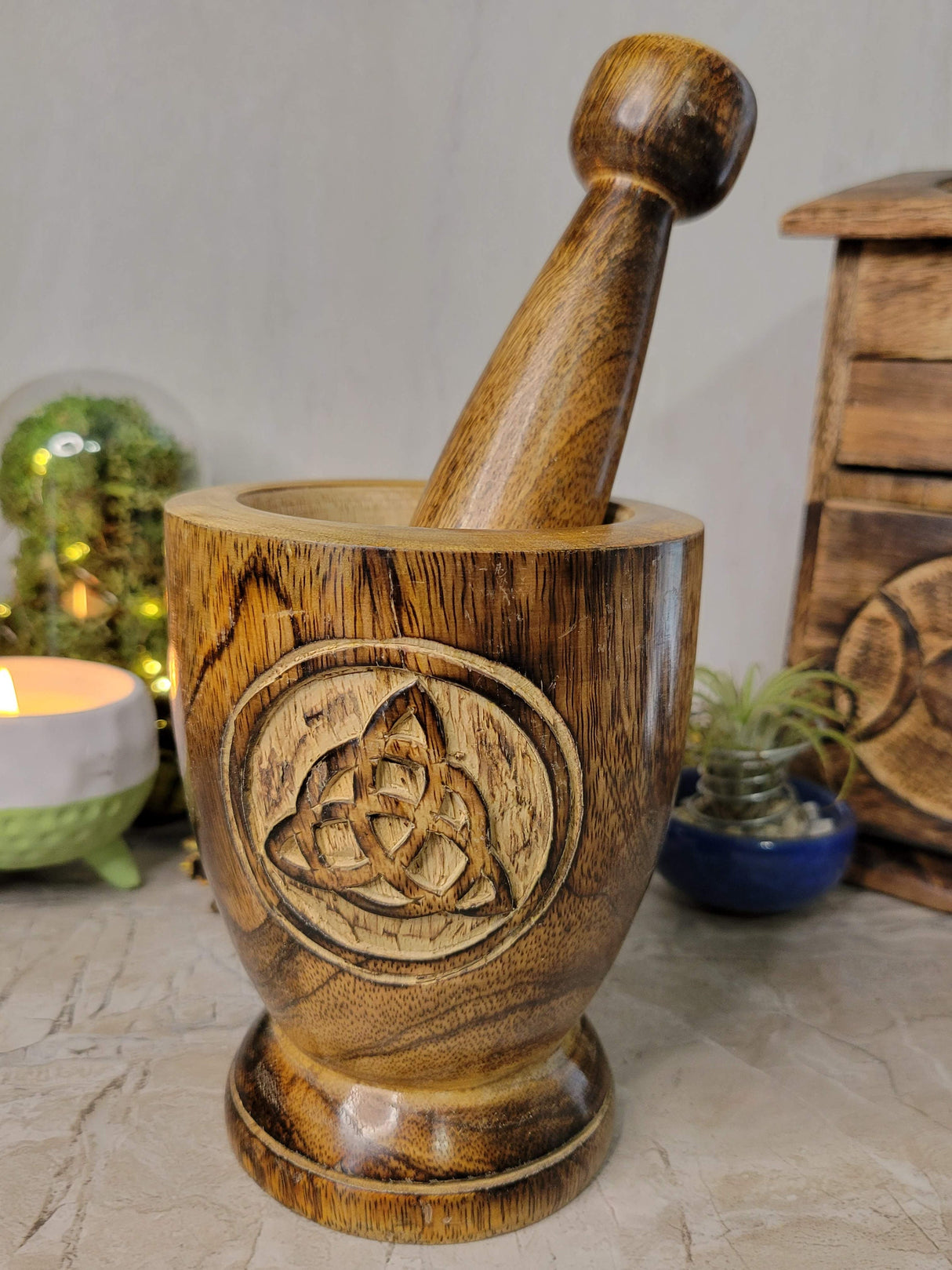 Witch's Wooden Mortar & Pestle Triquetra, Mortar Tree of Life, Pentacle
