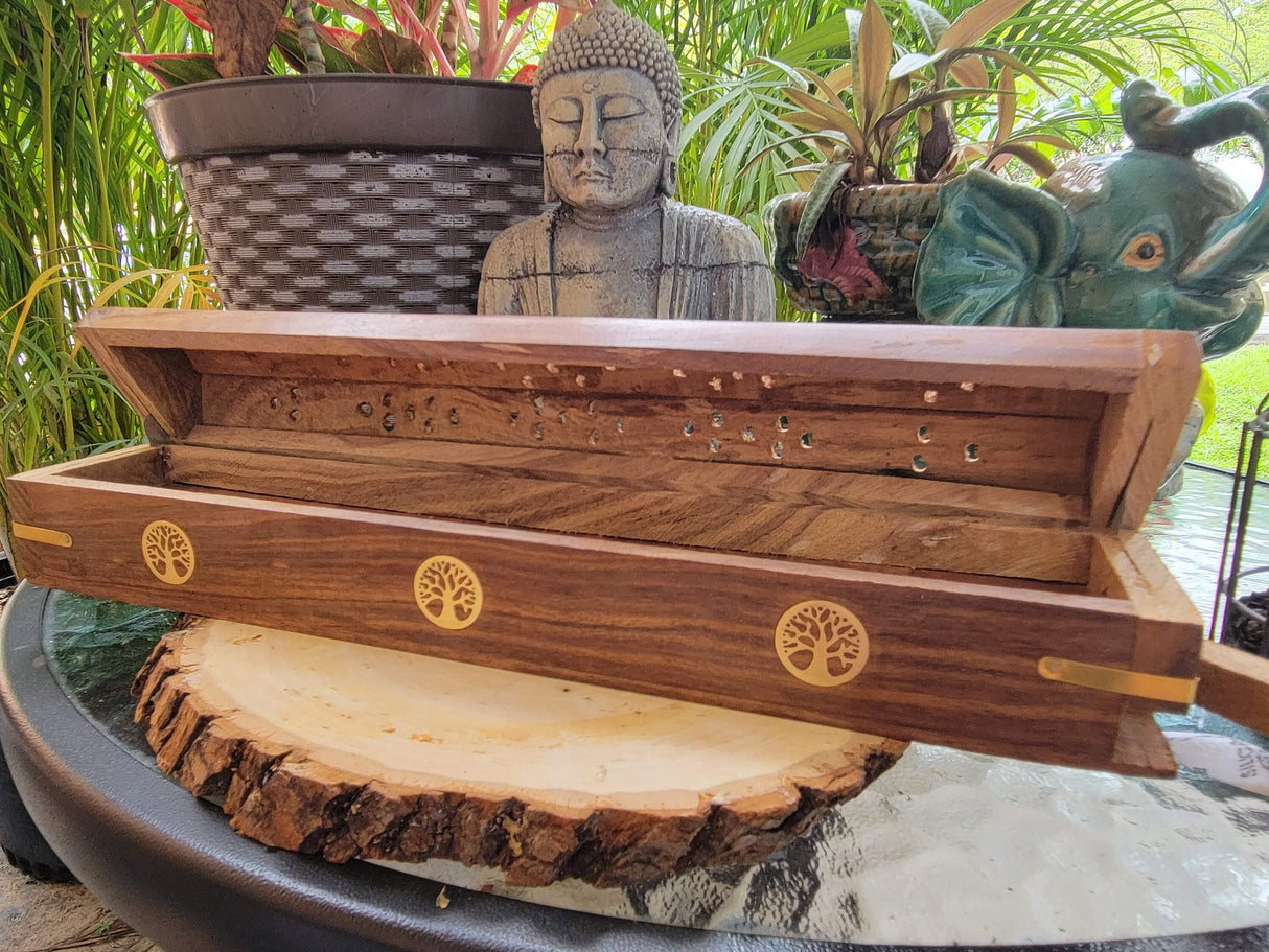 Coffin Incense Burner: Wood Altar Decor with Storage