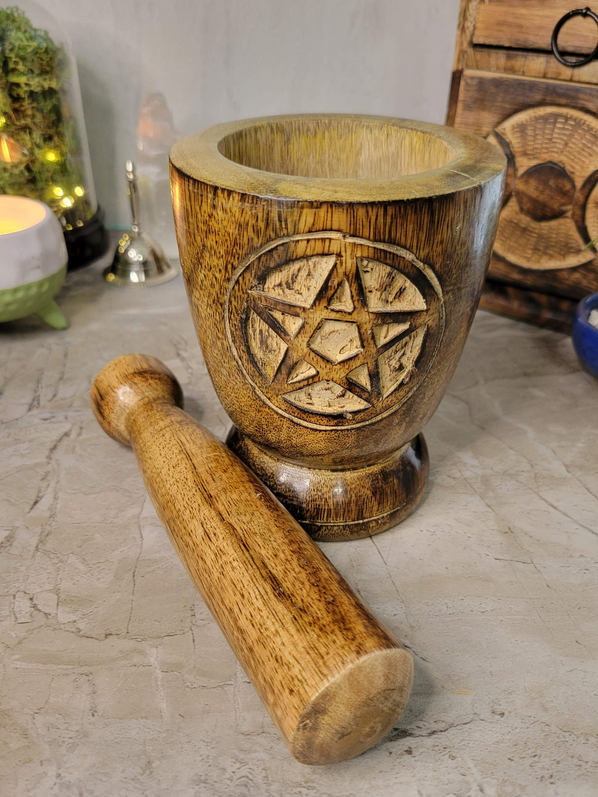 Witch's Wooden Mortar & Pestle Triquetra, Mortar Tree of Life, Pentacle