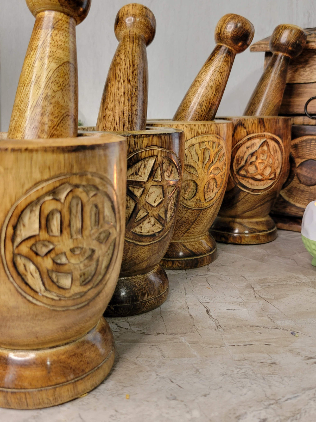 Witch's Wooden Mortar & Pestle Triquetra, Mortar Tree of Life, Pentacle