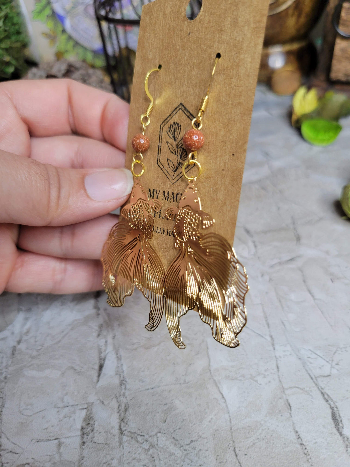 Goldstone and gold fish color earrings / abundance jewelry