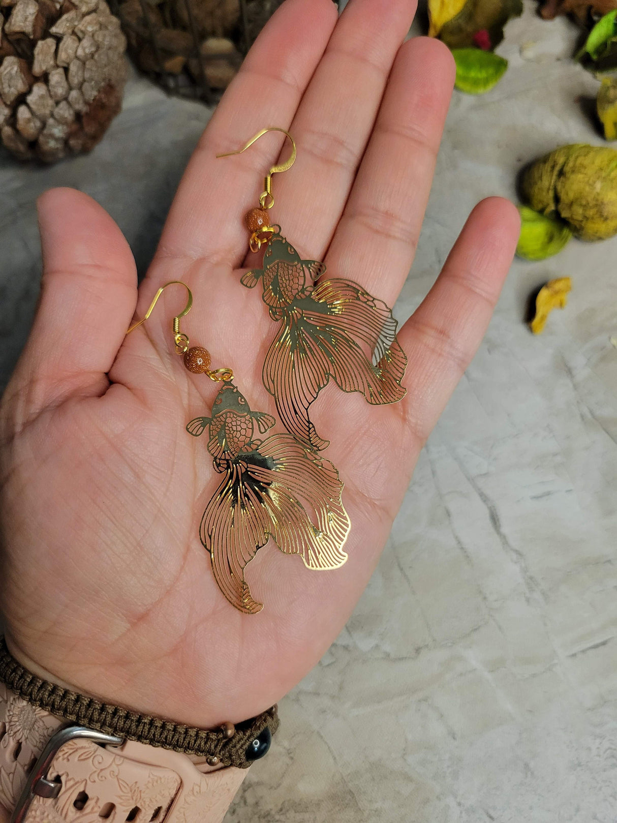 Goldstone and gold fish color earrings / abundance jewelry