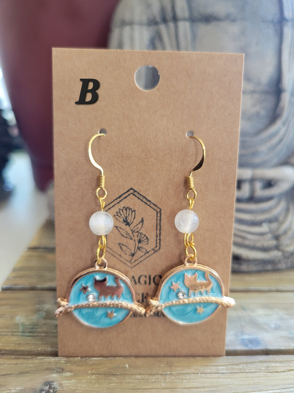 Selenite Celestial Cat Earrings: Gold Charms, Hypoallergenic Hooks