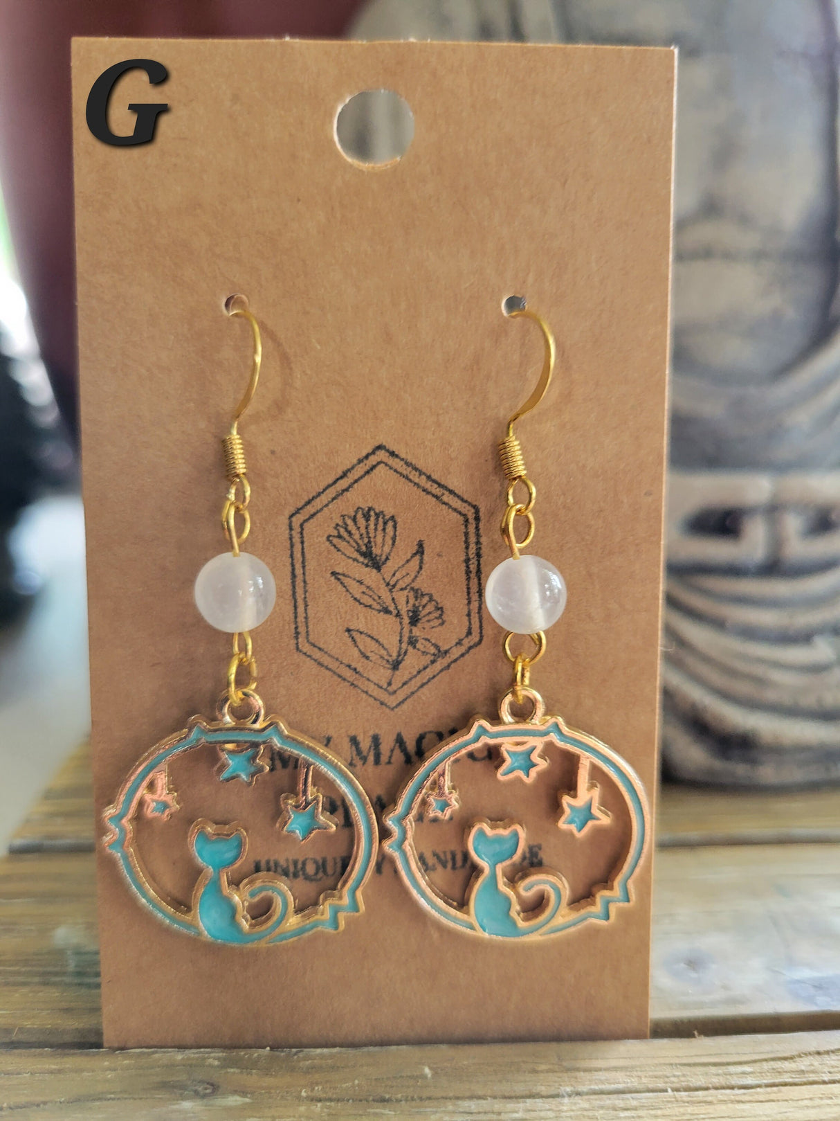 Selenite Celestial Cat Earrings: Gold Charms, Hypoallergenic Hooks