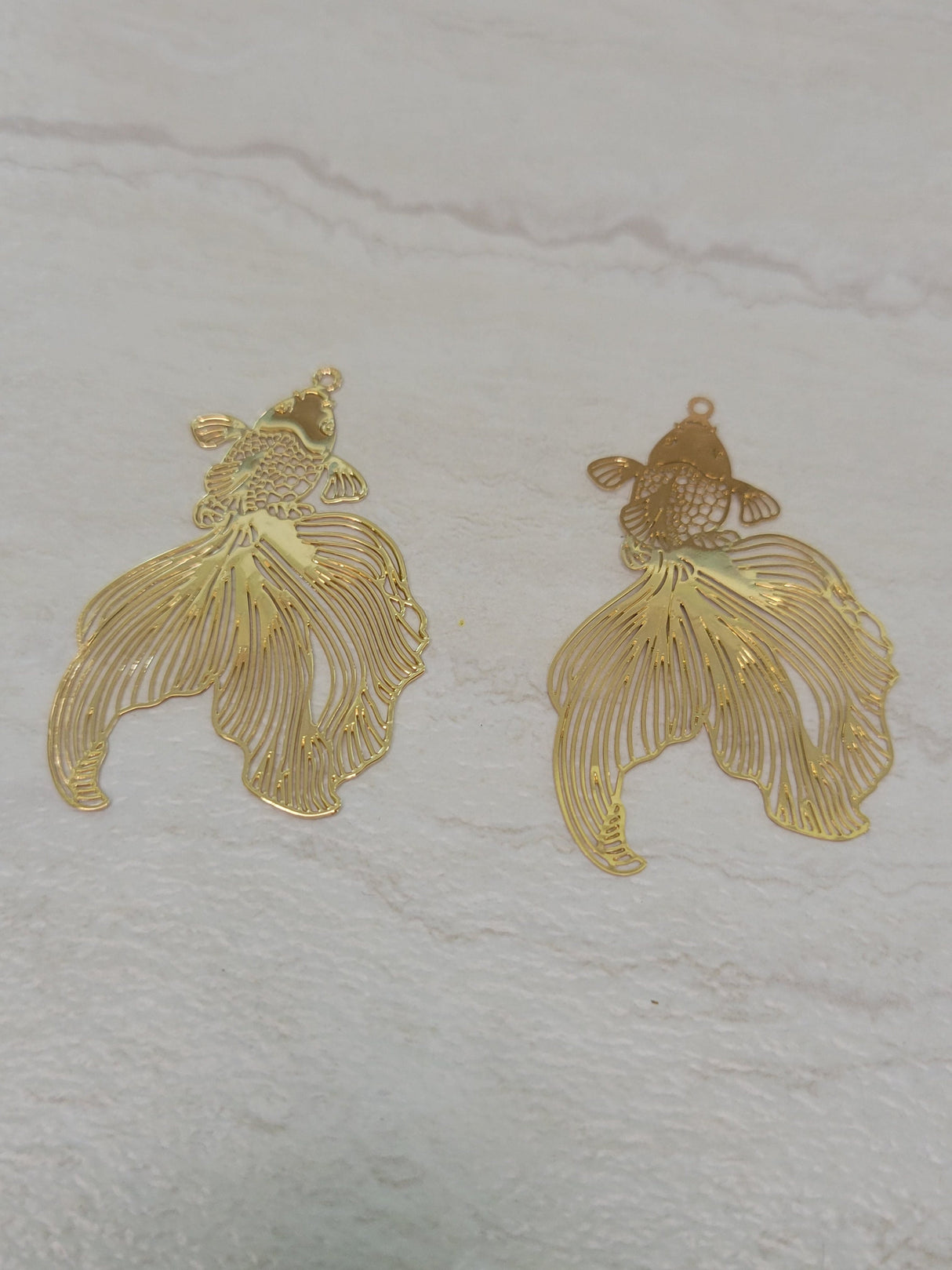 Etched metal goldfish, light gold color , 2 charms, Fish Charms, Jewelry Making