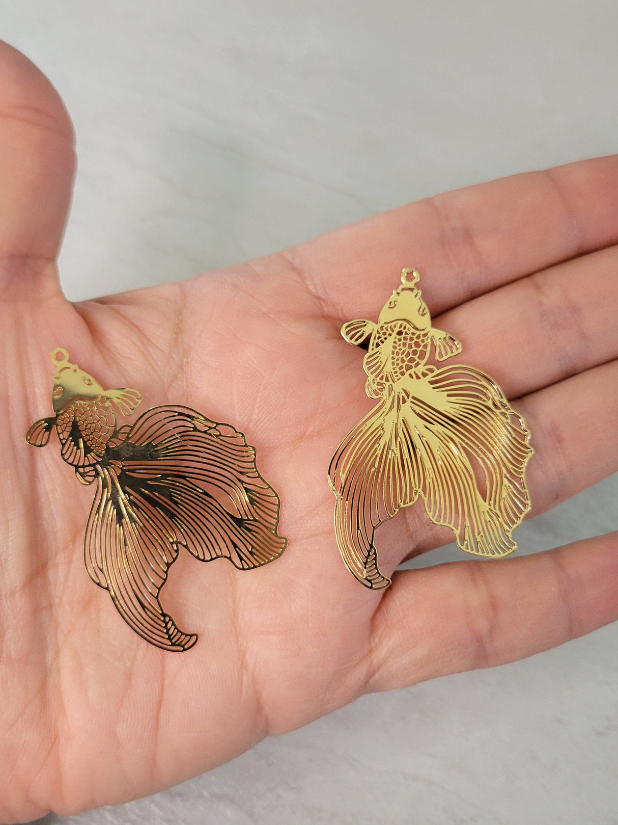 Etched metal goldfish, light gold color , 2 charms, Fish Charms, Jewelry Making