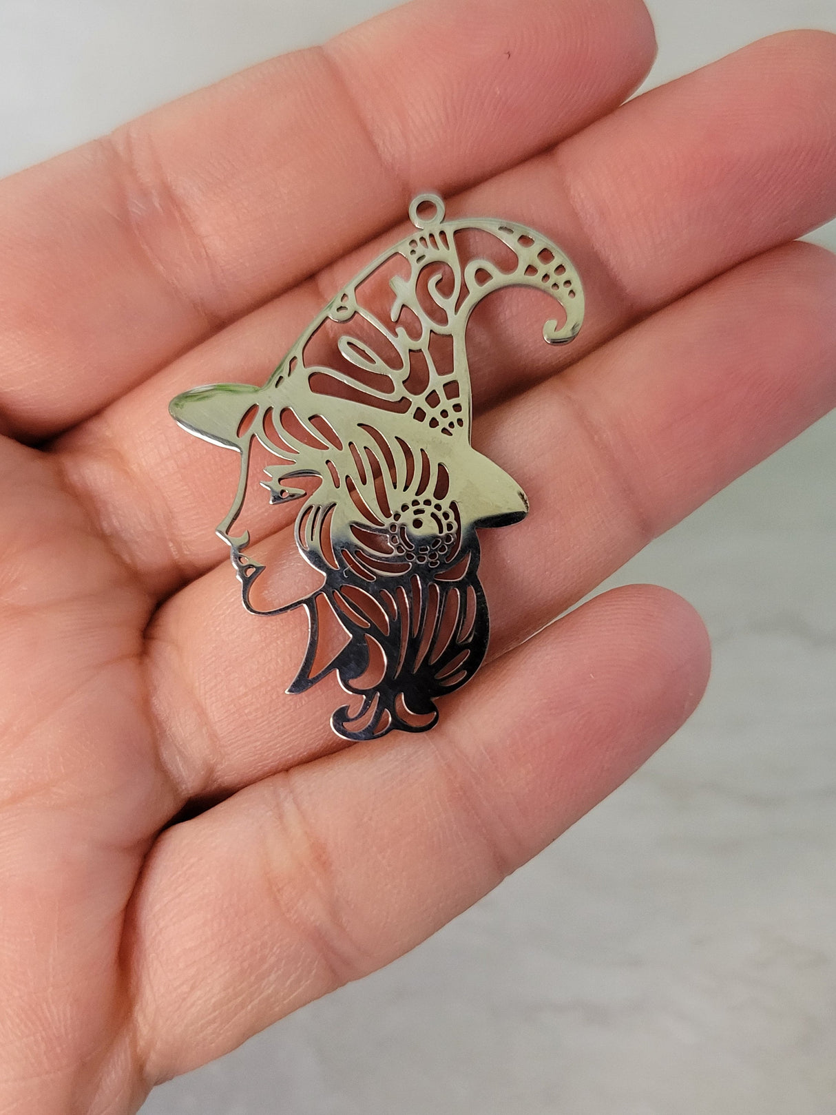 Witch girl face charm, witch jewelry, stainless steel pendants