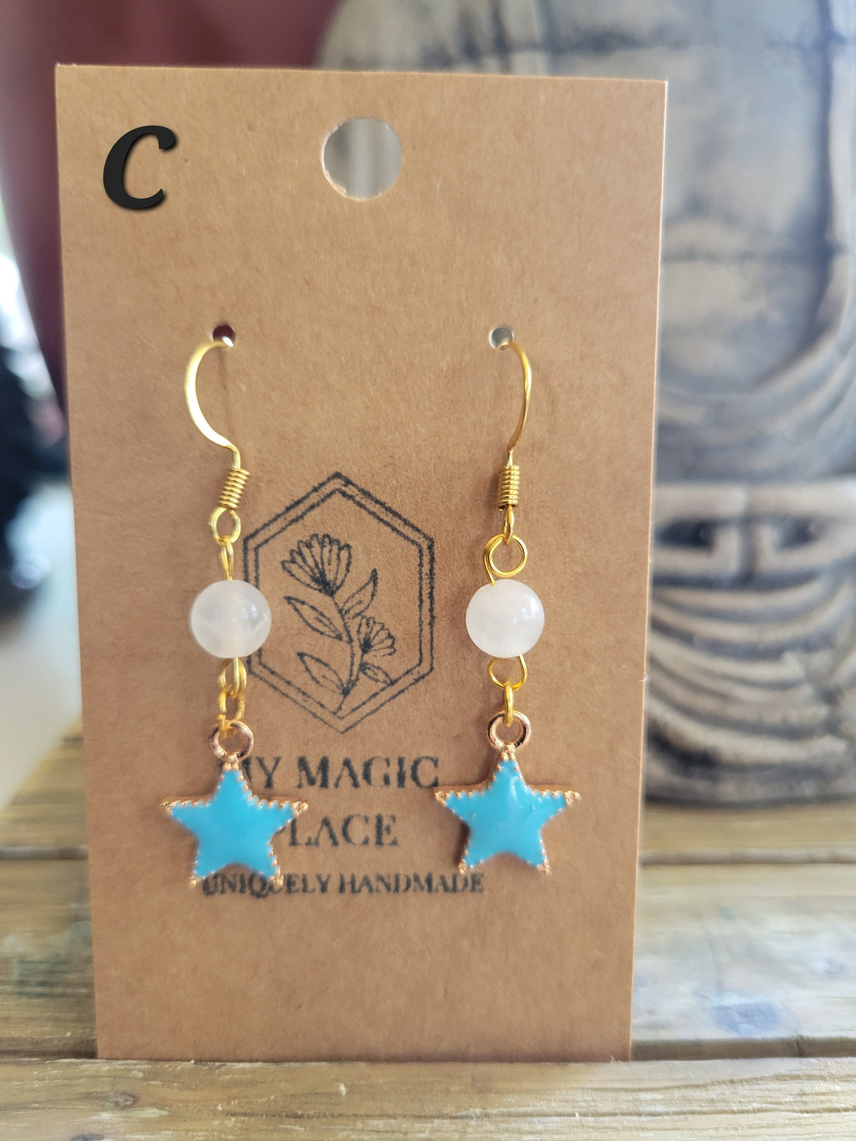 Selenite Celestial Cat Earrings: Gold Charms, Hypoallergenic Hooks