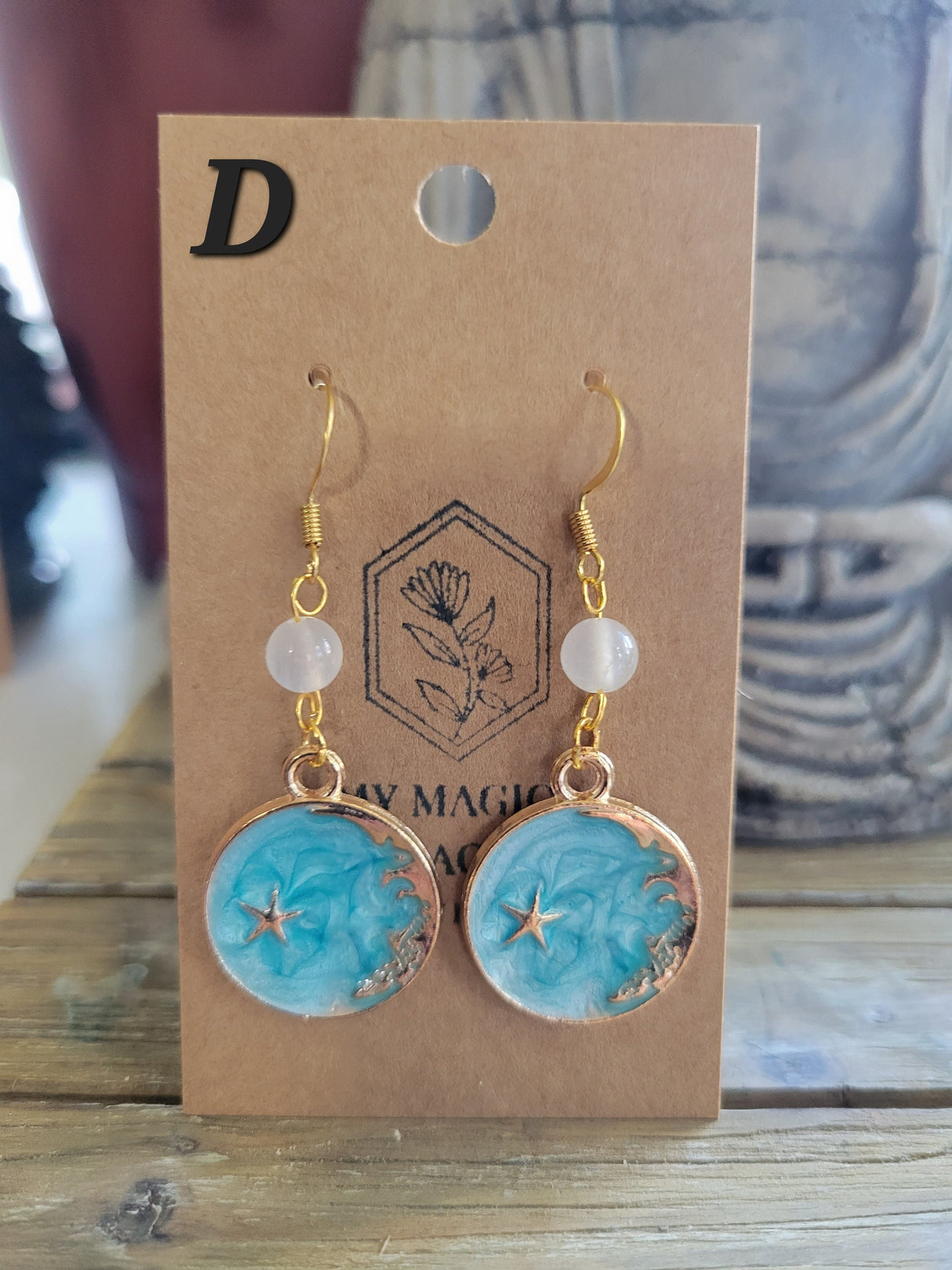 Selenite Celestial Cat Earrings: Gold Charms, Hypoallergenic Hooks
