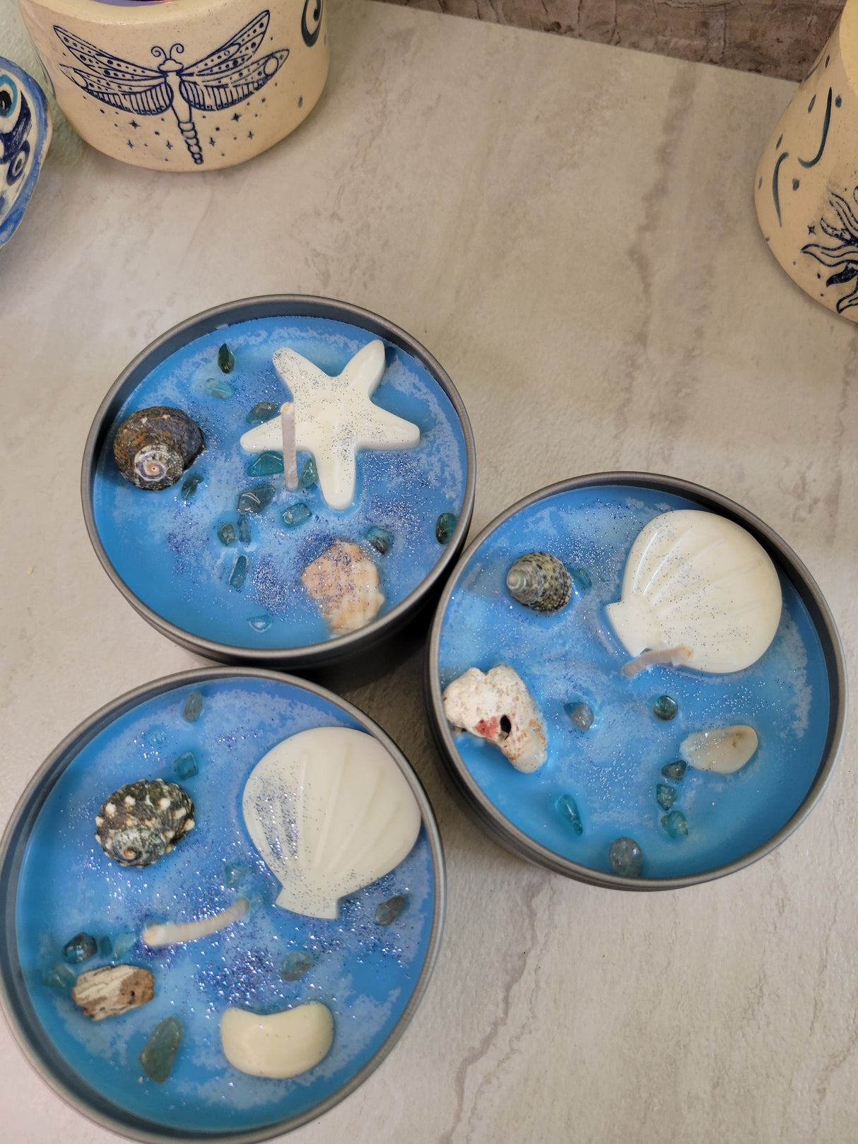 Sea Breeze Candle: Tropical Scent, Shells & Apatite Crystals, 8 oz