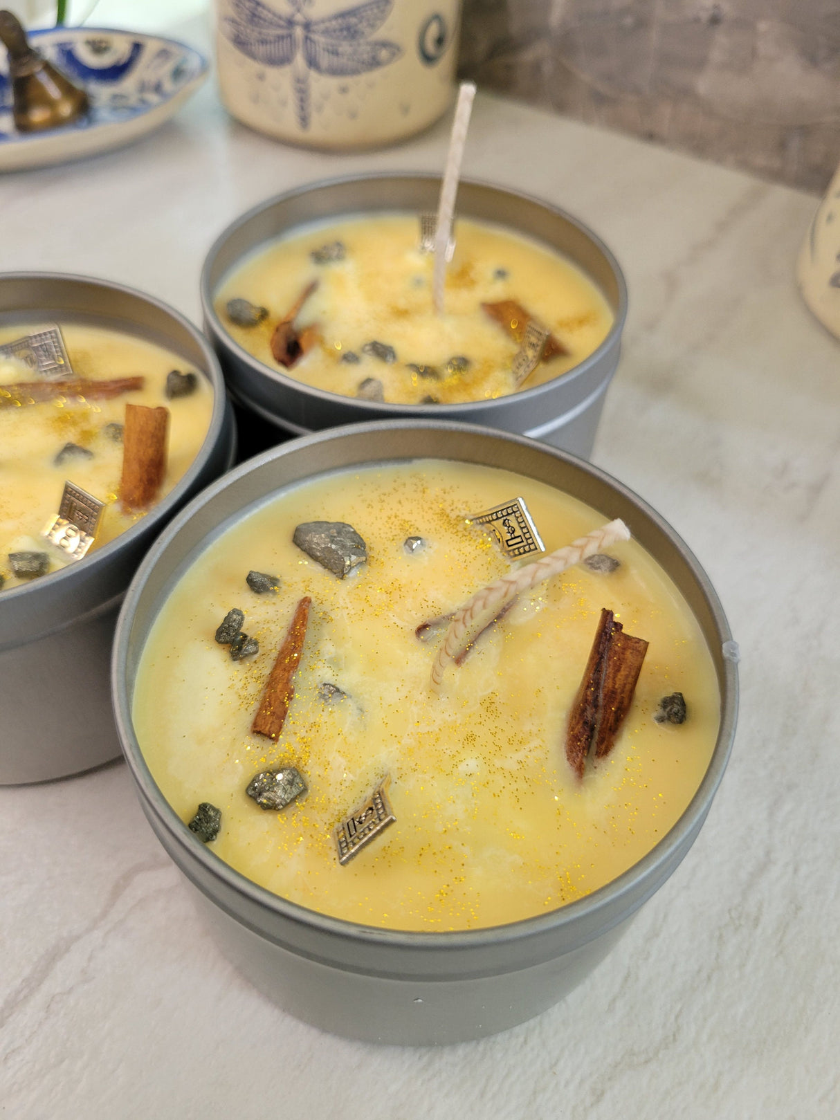 Prosperity Candle: Cinnamon Apple Scented Soy Candle with Pyrite