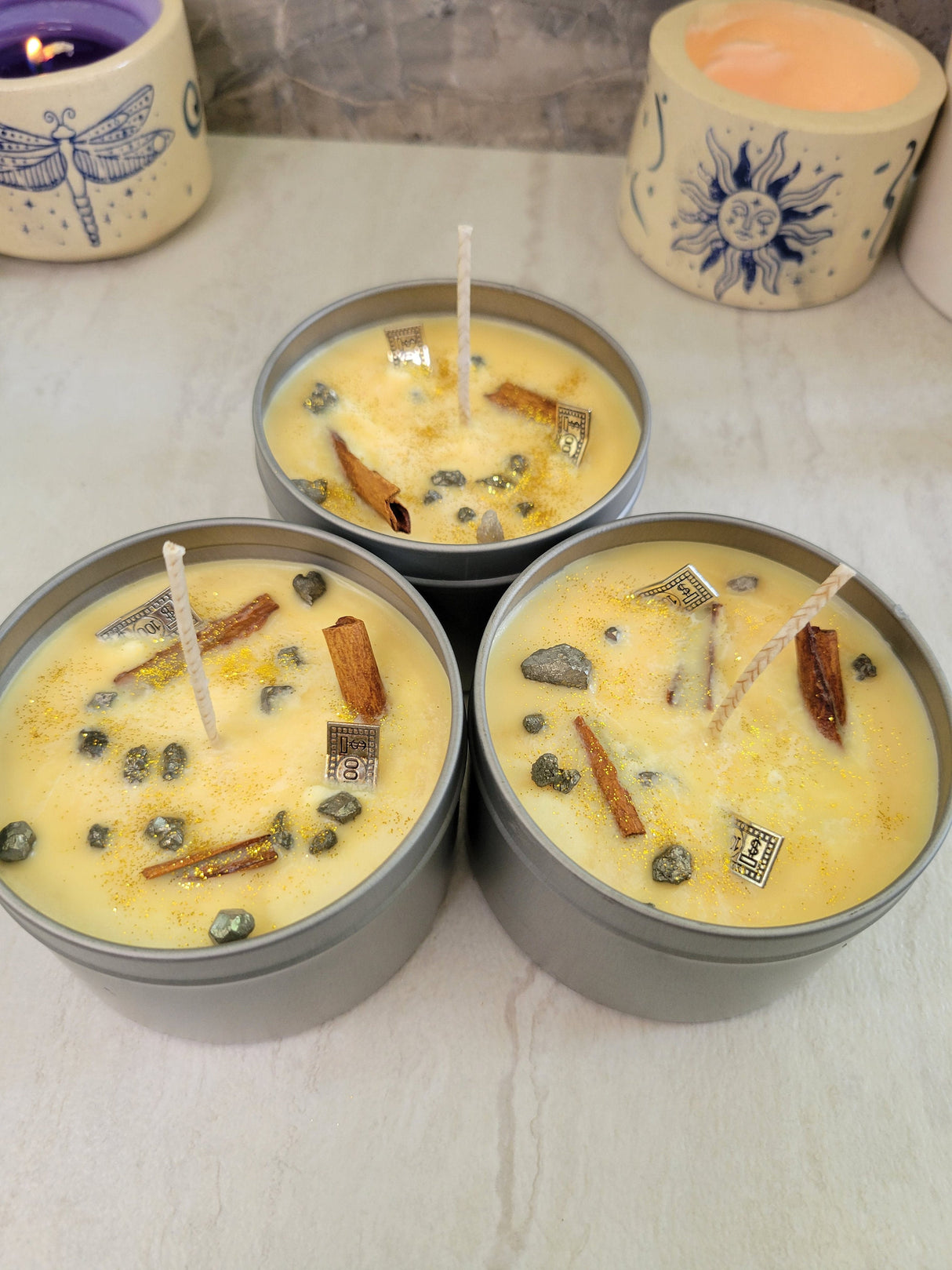 Prosperity Candle: Cinnamon Apple Scented Soy Candle with Pyrite