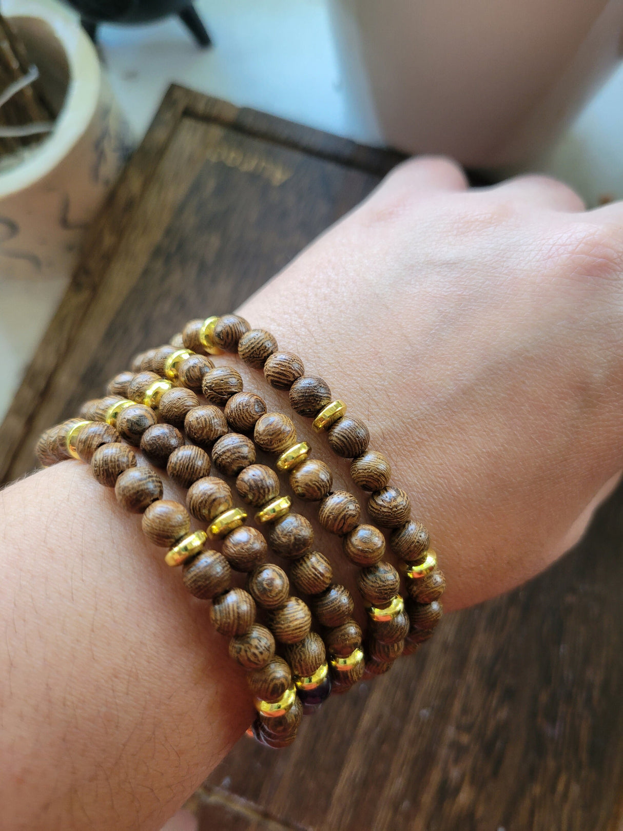 Gemstone Wood Stretch Bracelet: Natural Wenge Beaded Bracelet