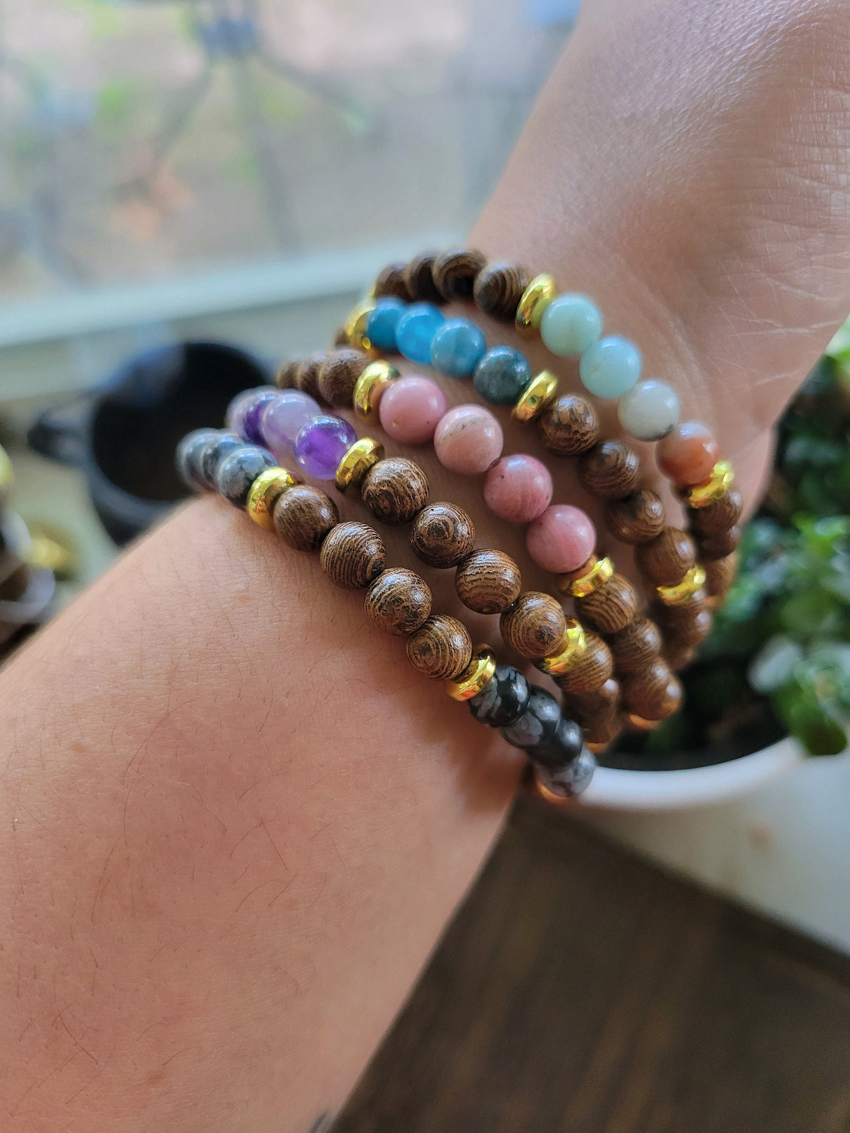 Gemstone Wood Stretch Bracelet: Natural Wenge Beaded Bracelet