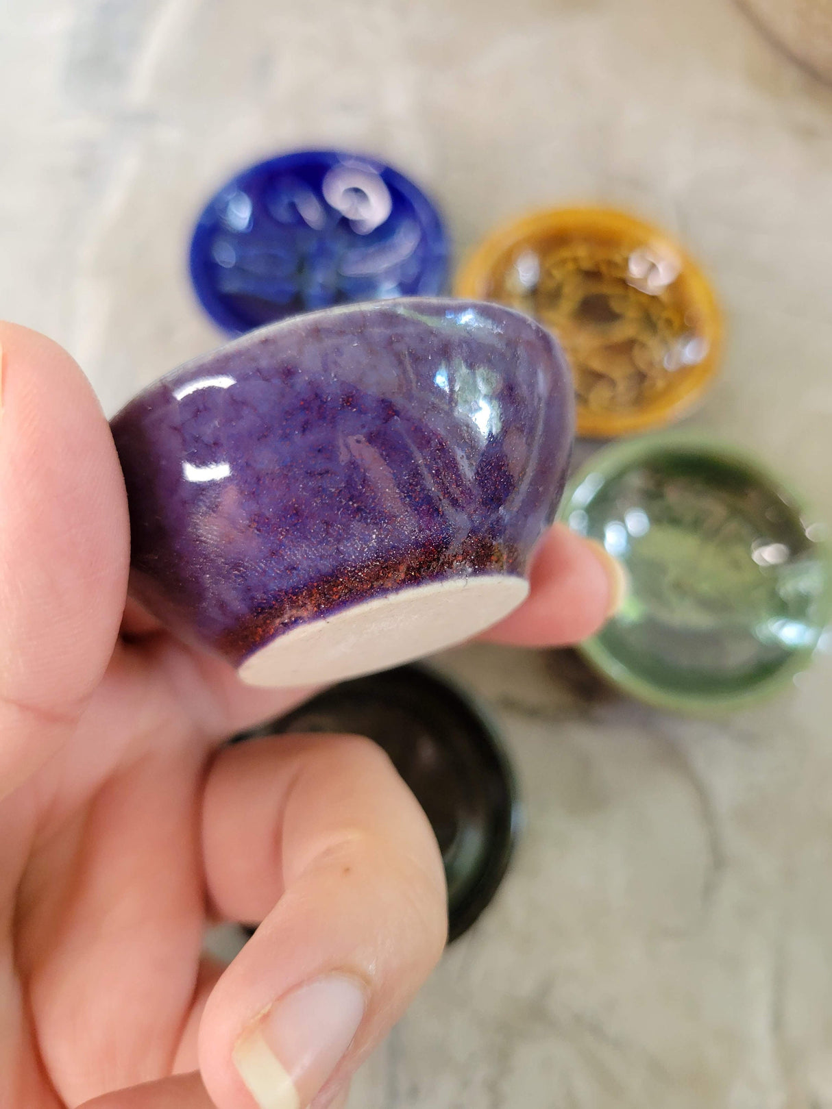 Handmade ceramic incense burner bowls embossed assorted designs, incense cones holder