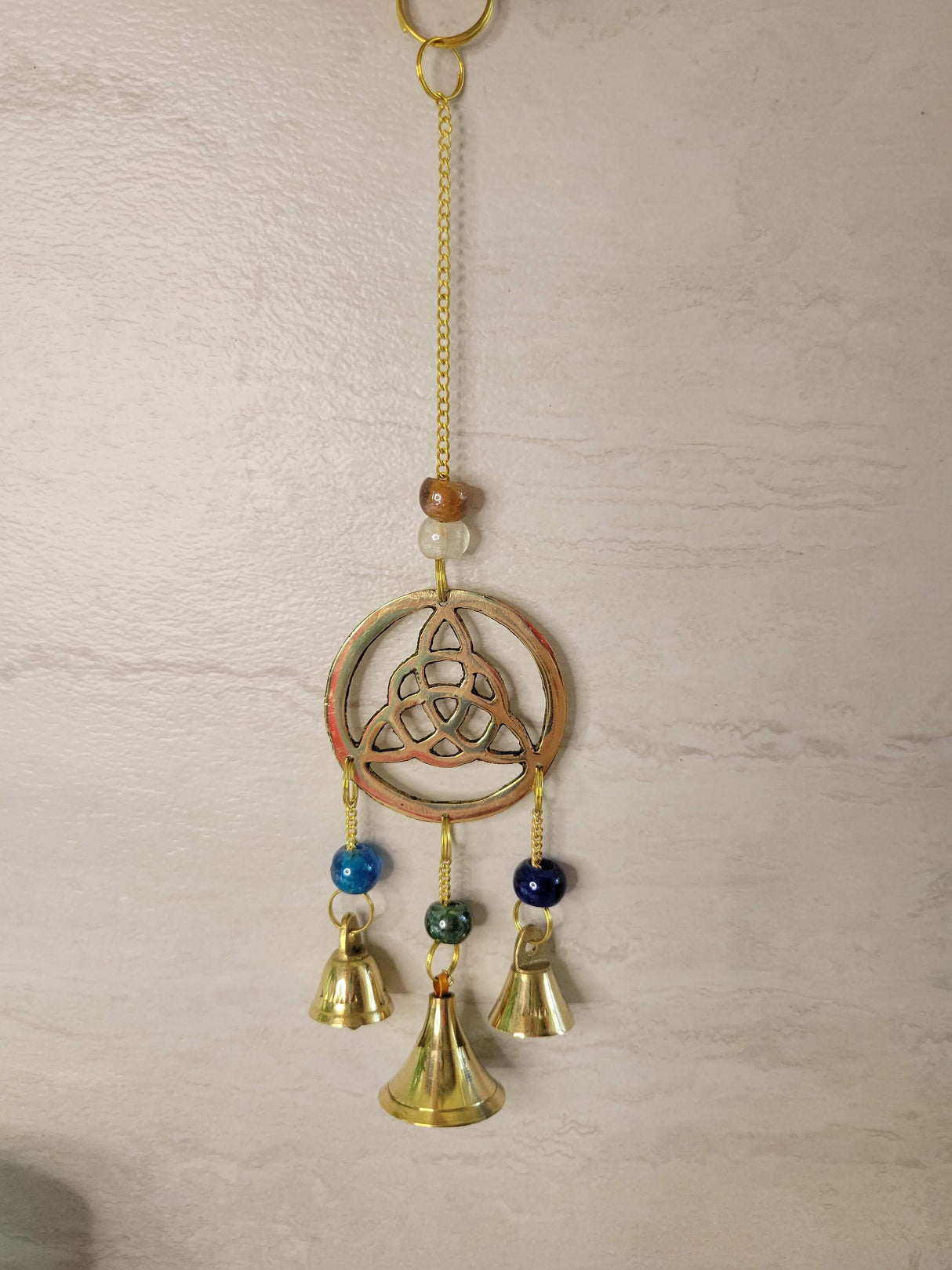 Handmade brass wind chime with bells and beads triquetra witch bells