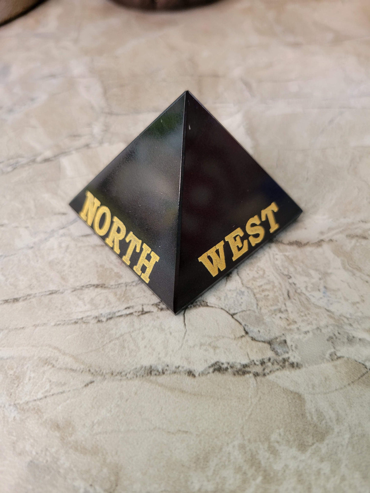 Handmade Black agate, selenite engraved crystal directional pyramid