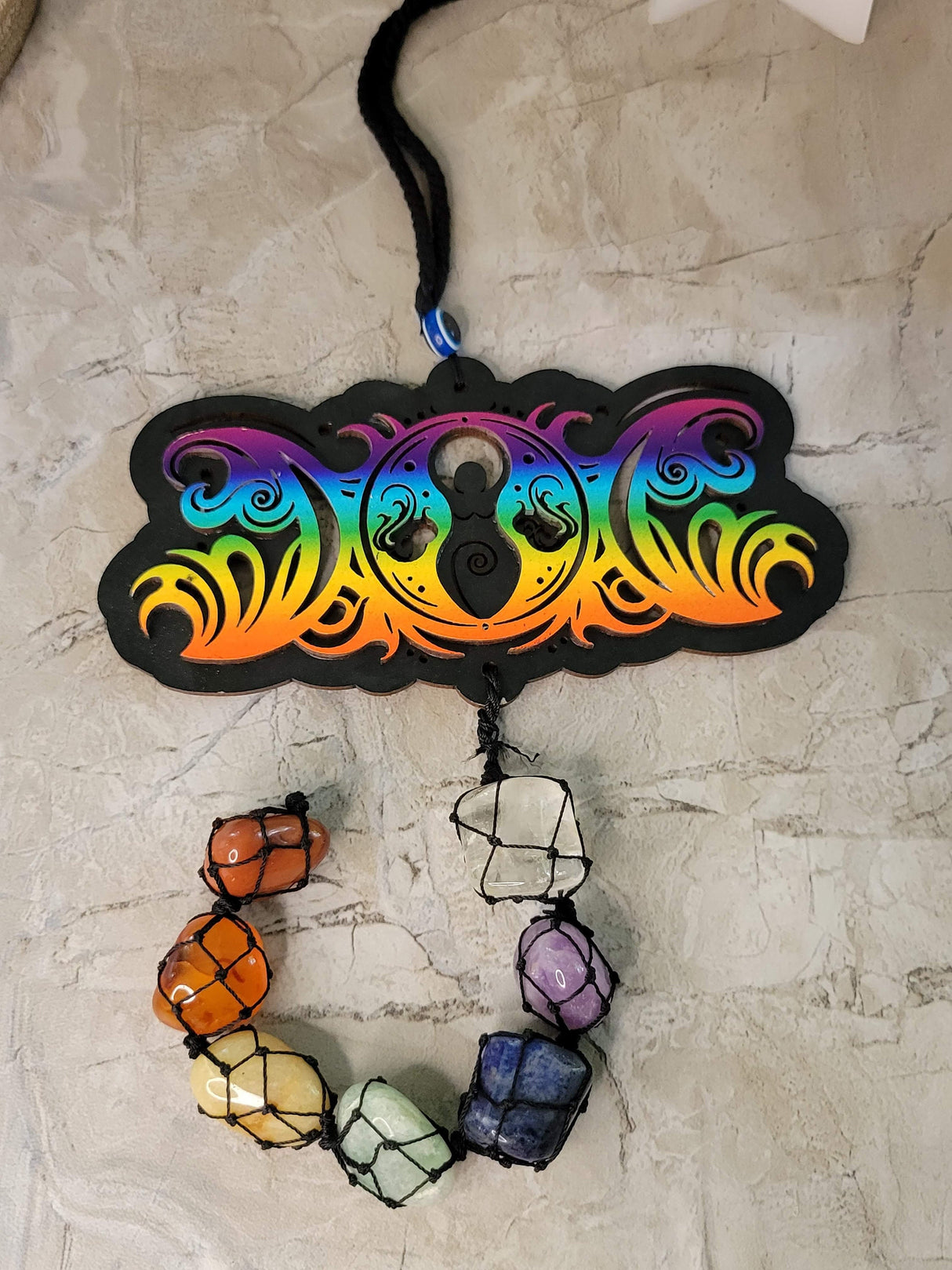 Tie Dye Triple Moon Goddess Car Hanging with Chakra Stones