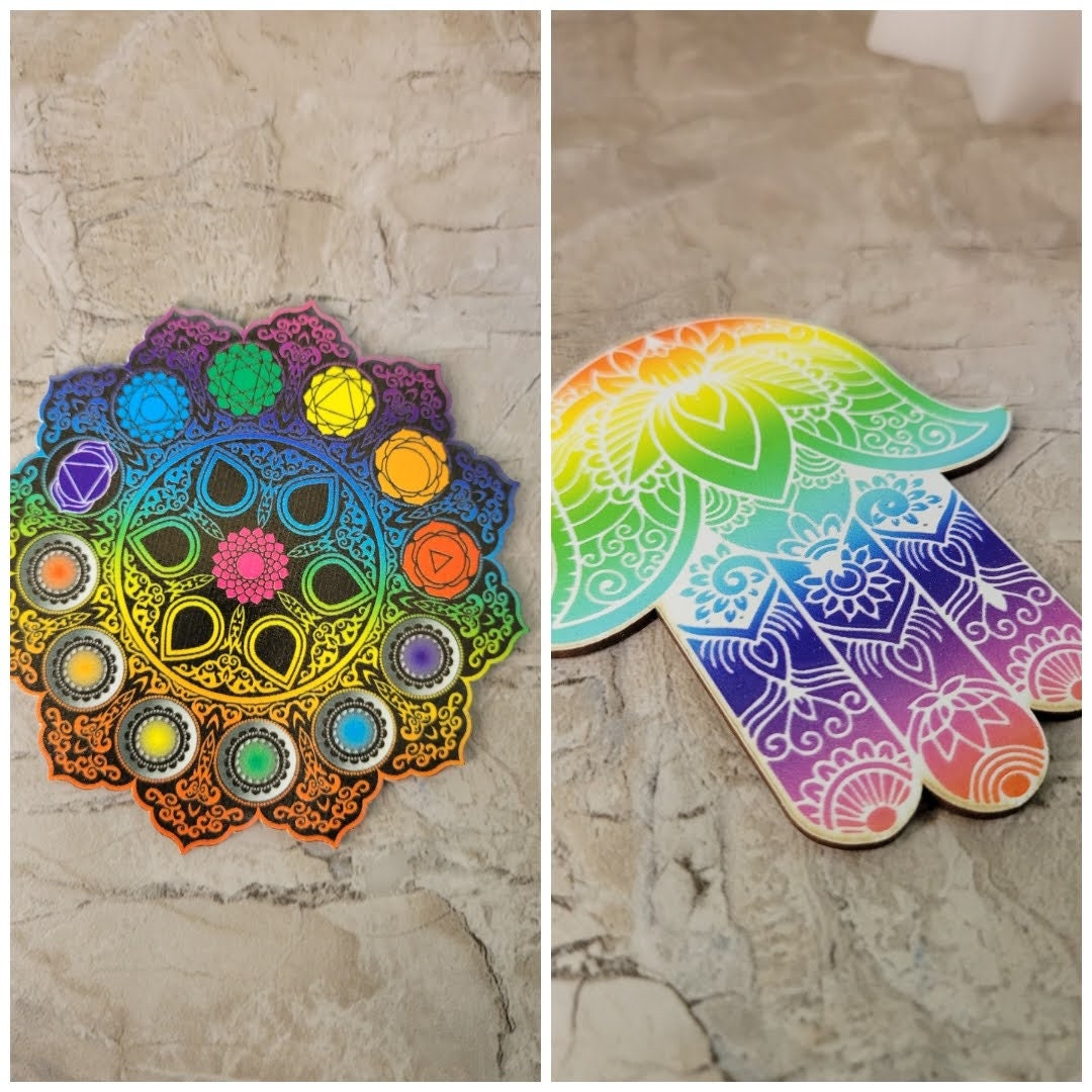 Handmade Wooden Hamsa, Seven chakra coaster altar tile, Altar décor