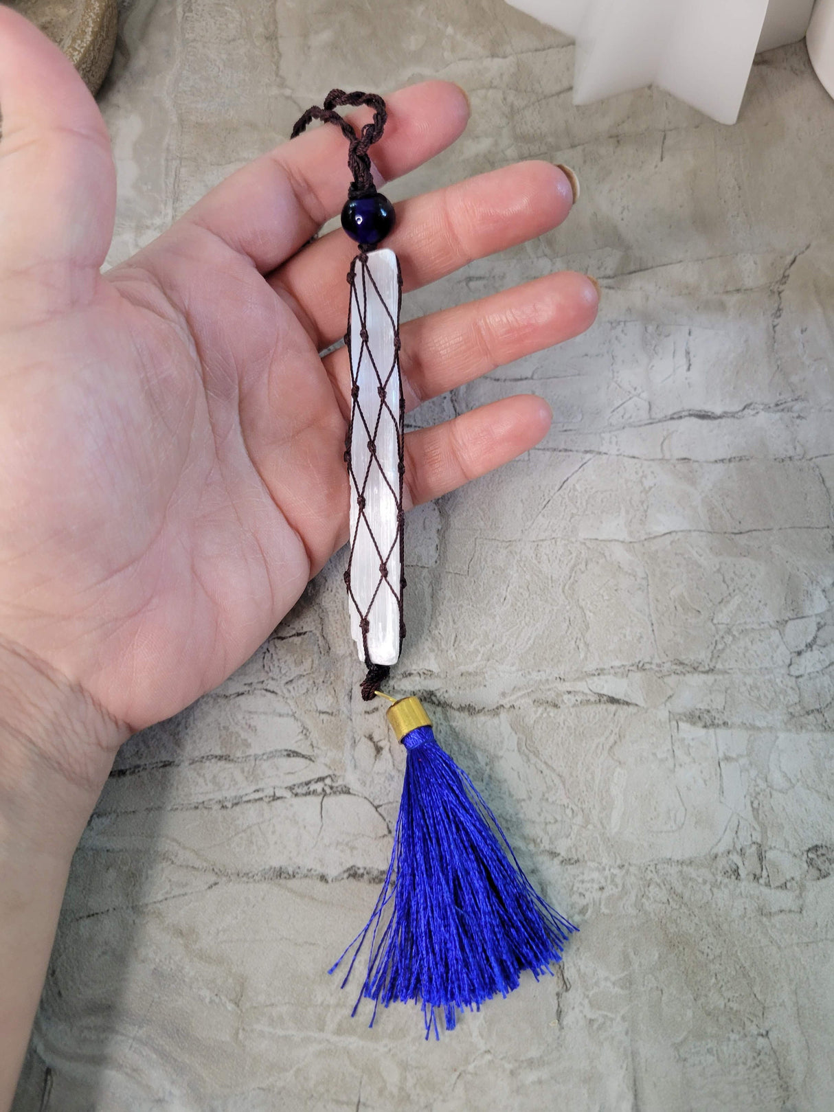 Evil eye bead selenite wand Wall hanging, Handmade car Hanging