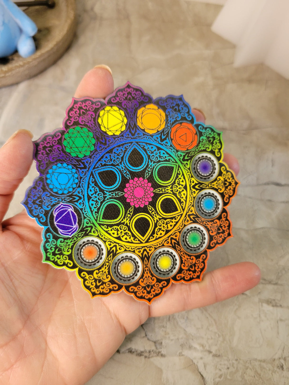 Handmade Wooden Hamsa, Seven chakra coaster altar tile, Altar décor