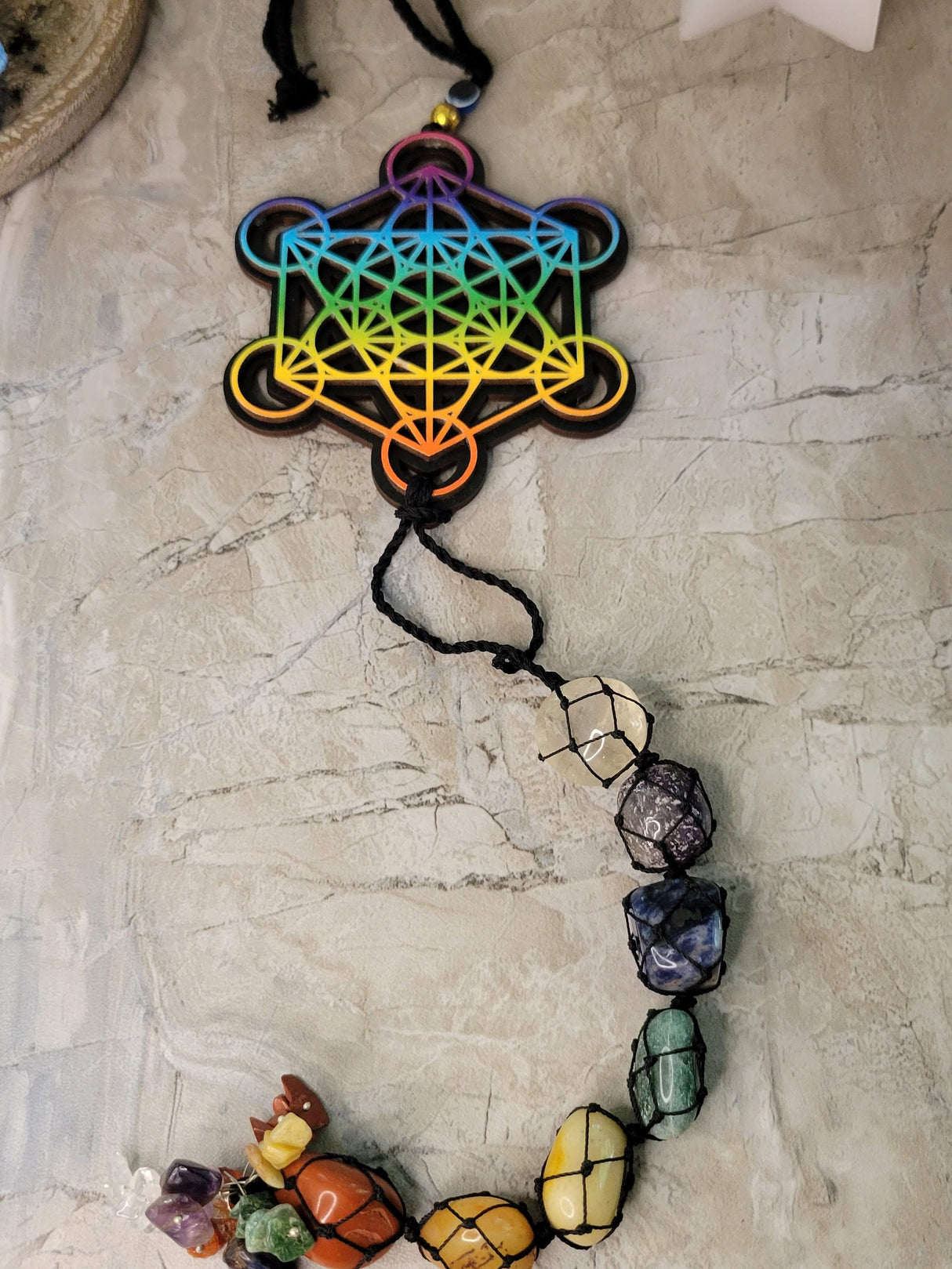 Tie dye wooden 7 chakra metatron wall/car hanging with tumble stones