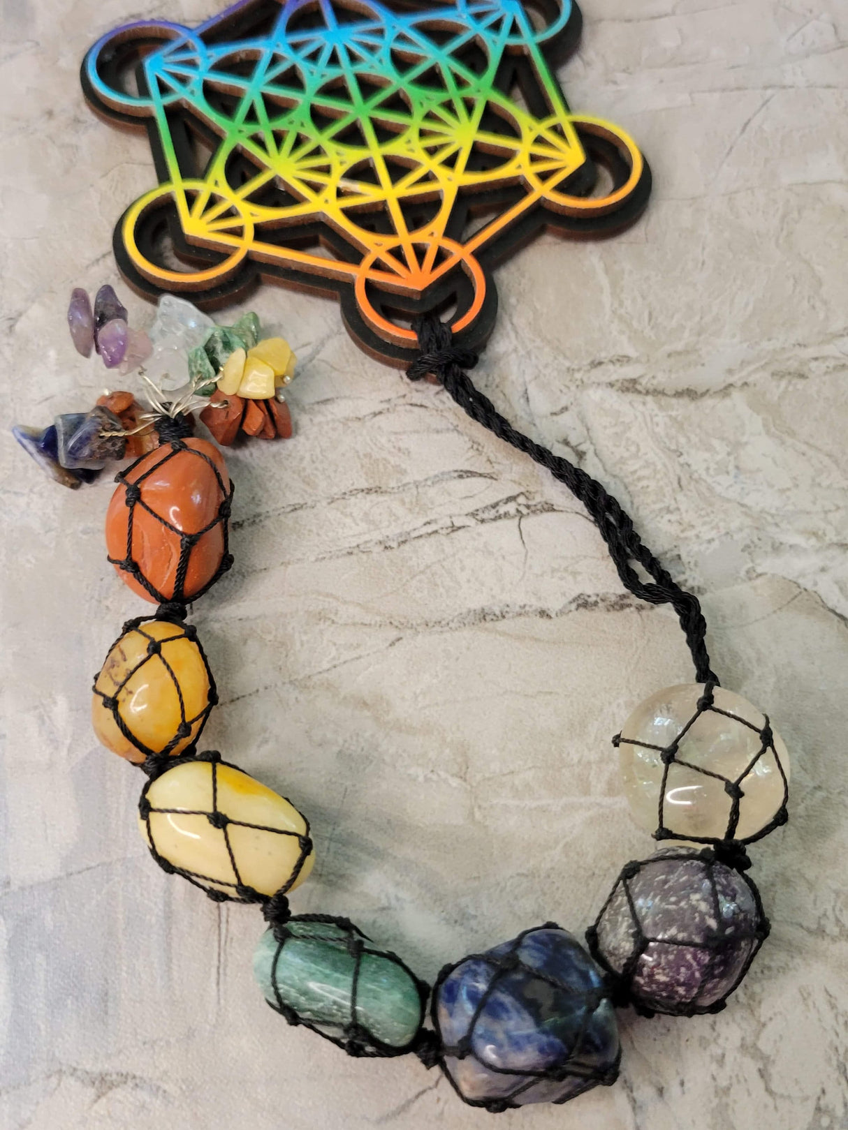 Tie dye wooden 7 chakra metatron wall/car hanging with tumble stones