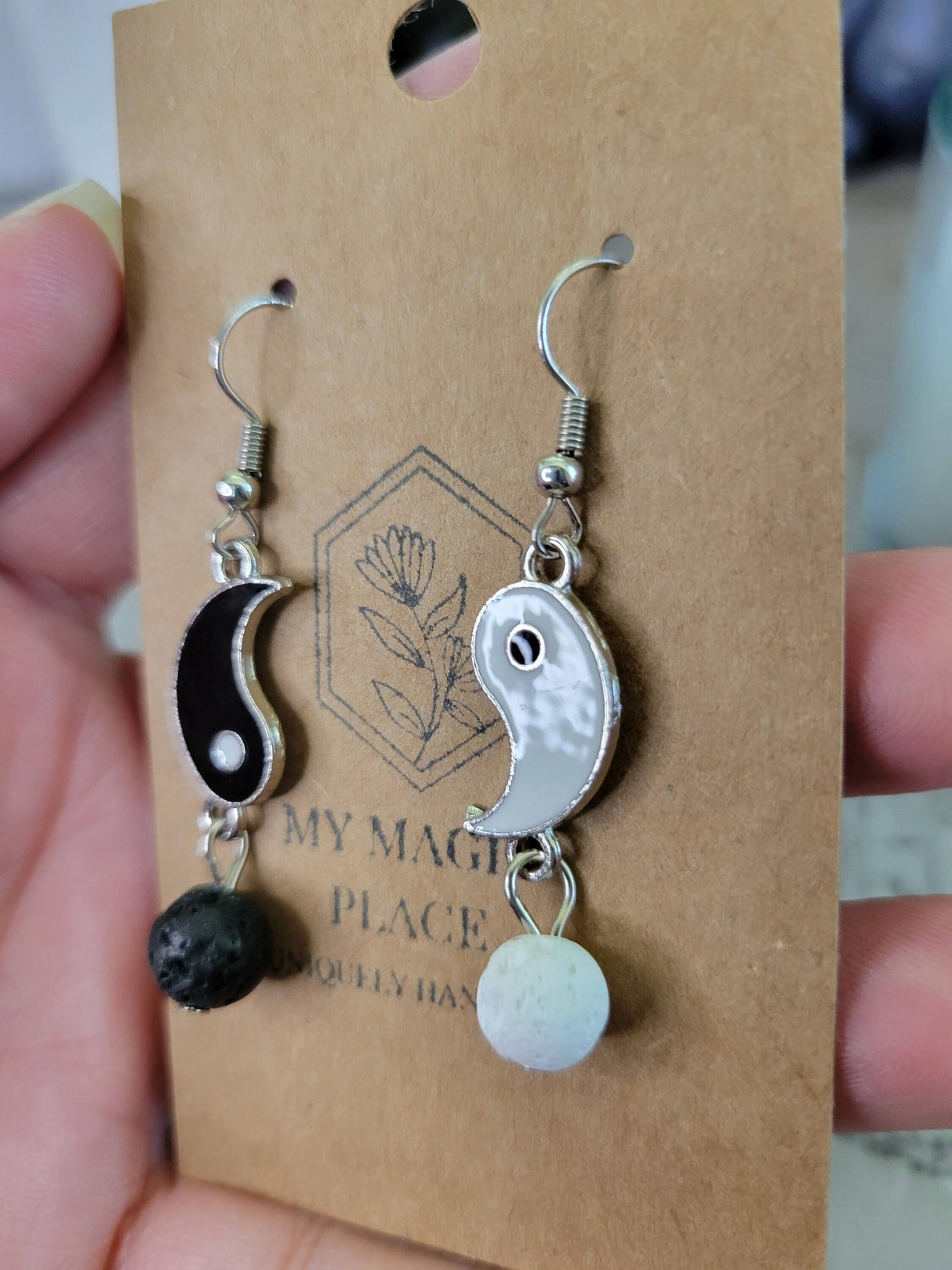 Yin yang matching asymmetrical earrings, brass dangle earrings with natural lava rock for women