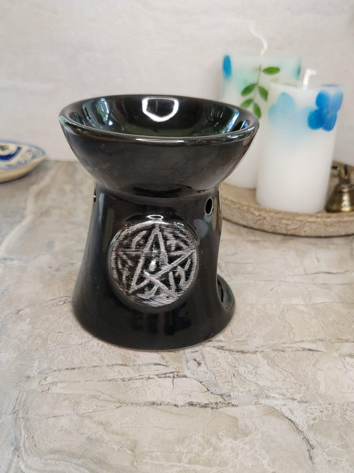 Black pentagram oil burner , wax warmer, metaphysical décor, handmade ceramic