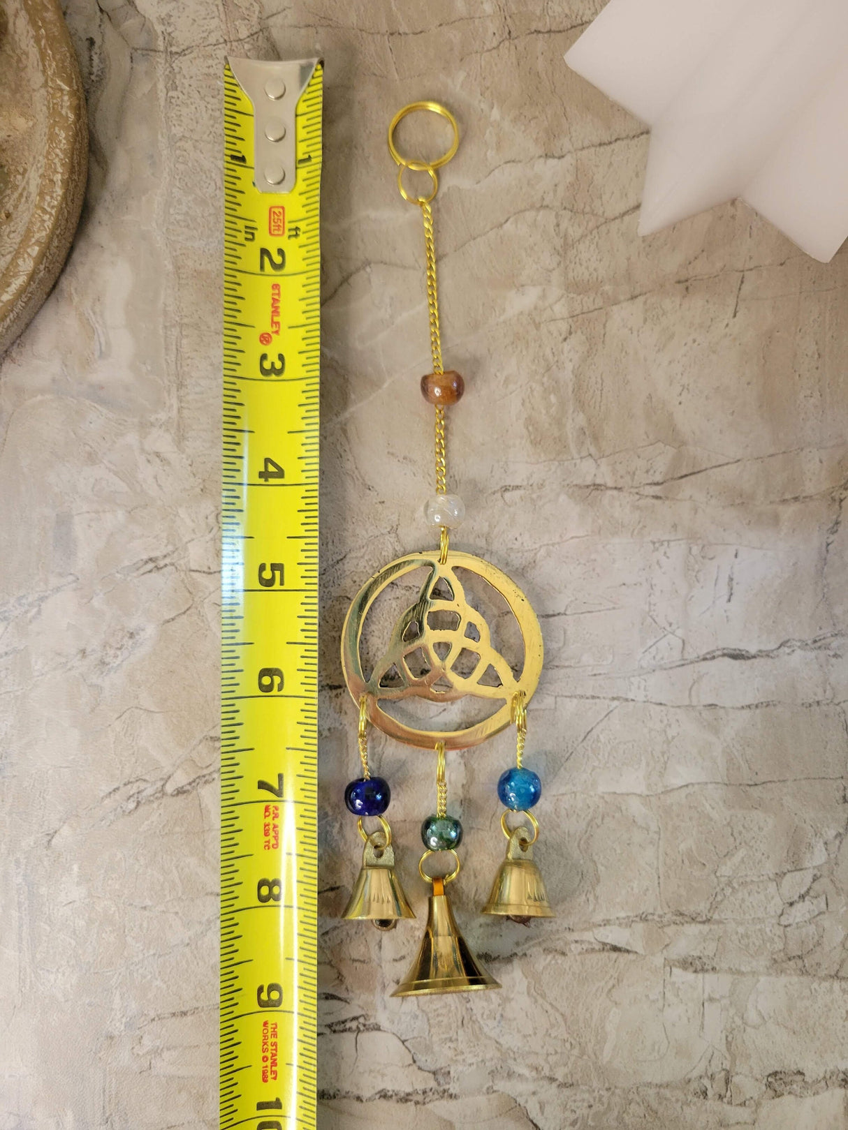 Handmade brass wind chime with bells and beads triquetra witch bells