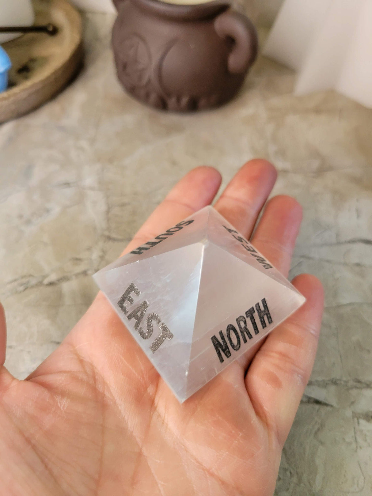 Handmade Black agate, selenite engraved crystal directional pyramid