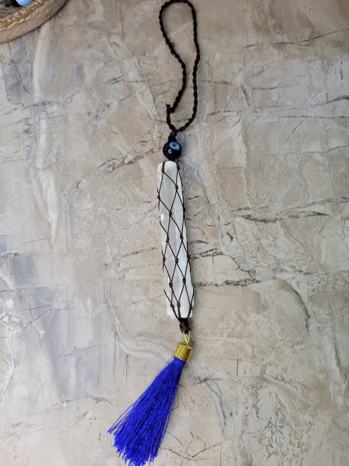 Evil eye bead selenite wand Wall hanging, Handmade car Hanging