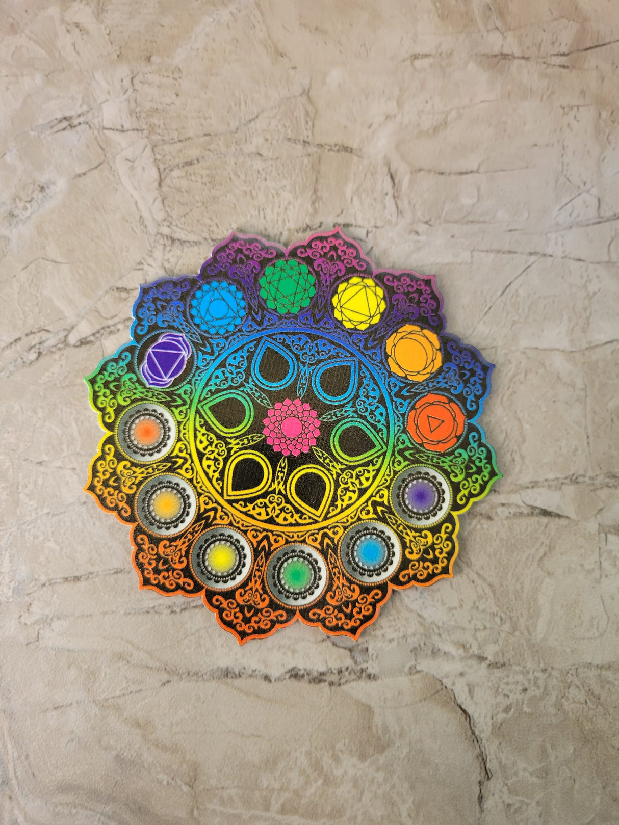 Handmade Wooden Hamsa, Seven chakra coaster altar tile, Altar décor