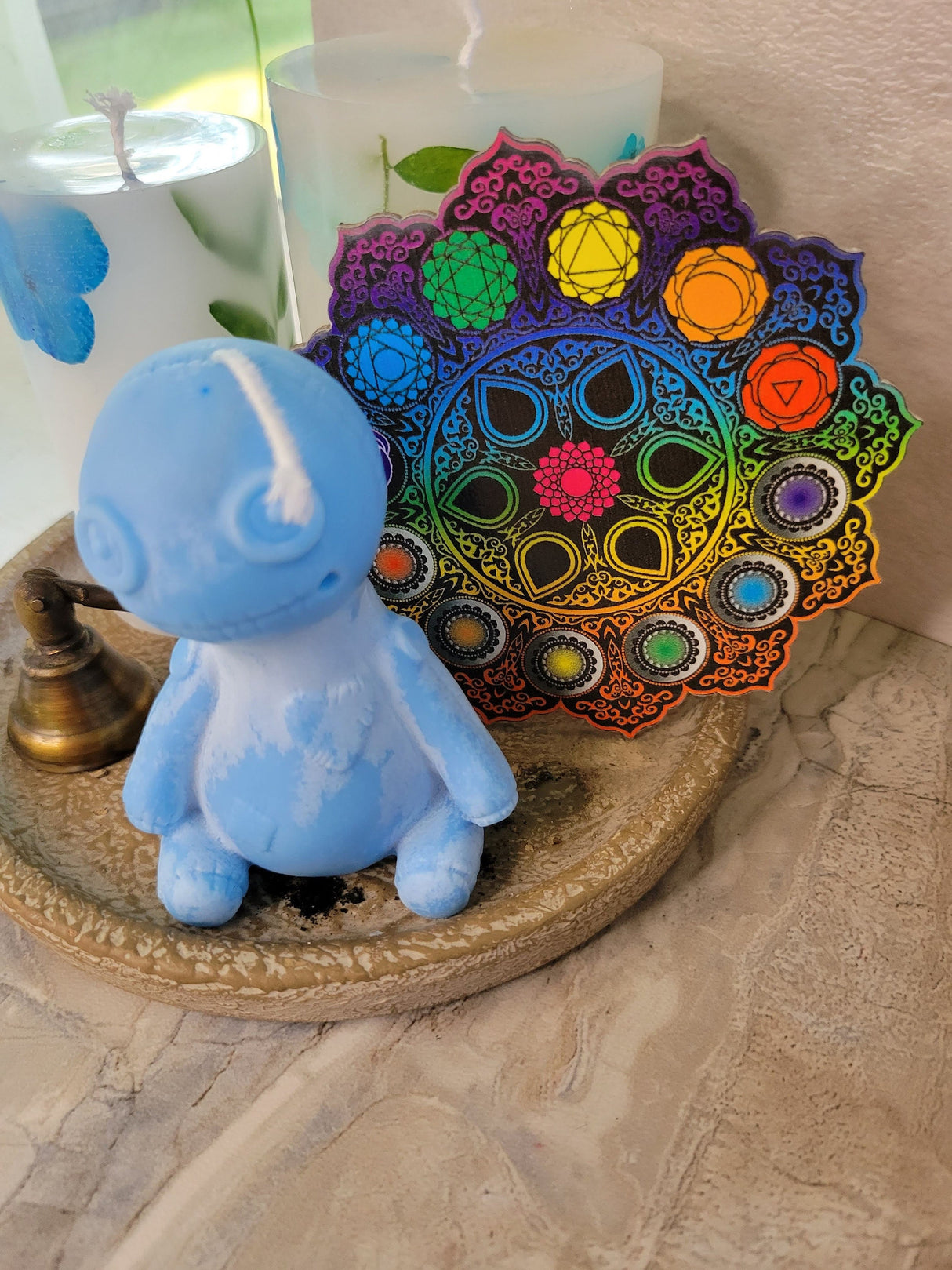 Handmade Wooden Hamsa, Seven chakra coaster altar tile, Altar décor