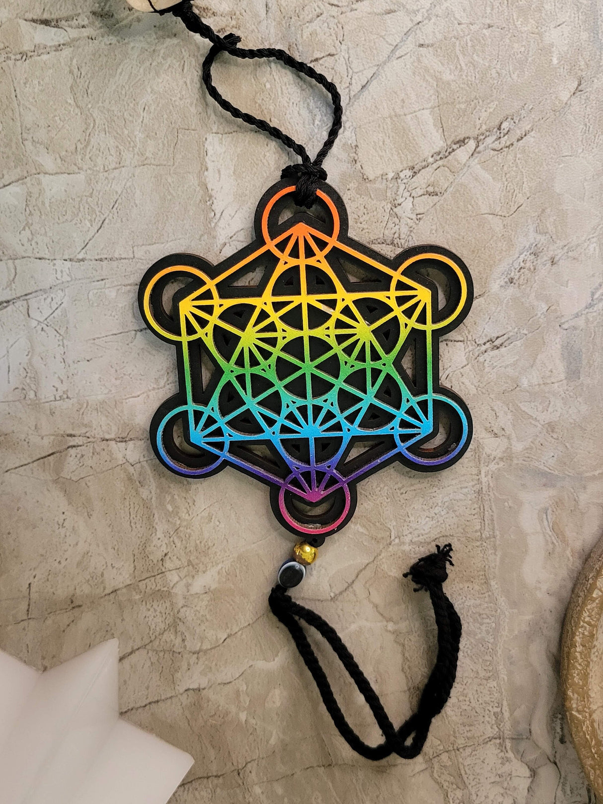 Tie dye wooden 7 chakra metatron wall/car hanging with tumble stones