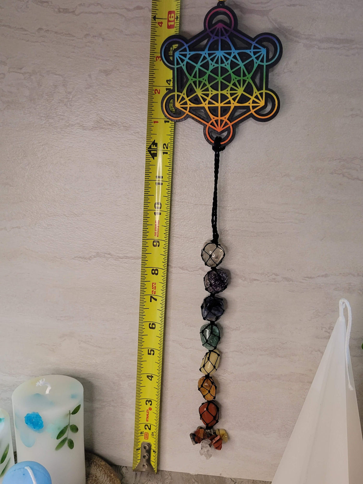 Tie dye wooden 7 chakra metatron wall/car hanging with tumble stones