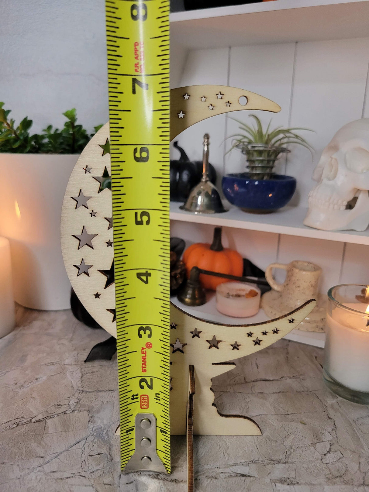 Wooden ornaments, wood tabletop decoration, moon with star, witchy decor