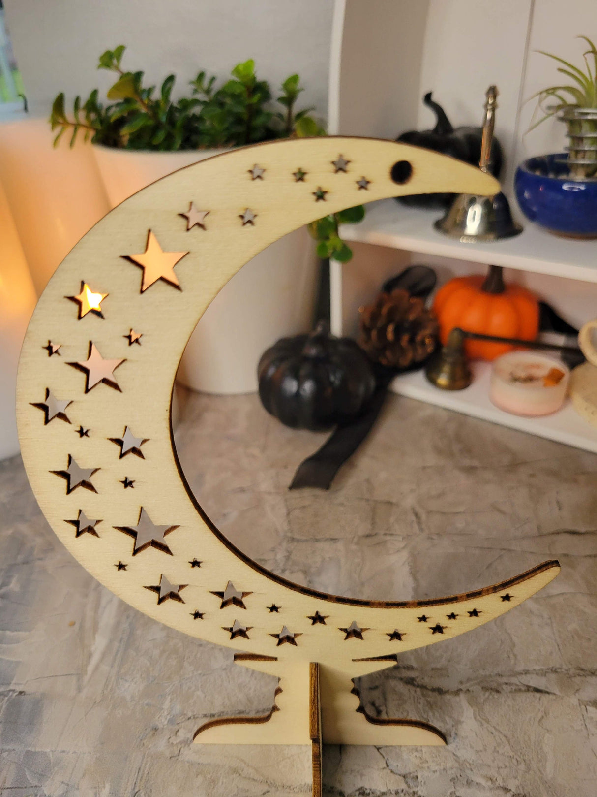 Wooden ornaments, wood tabletop decoration, moon with star, witchy decor
