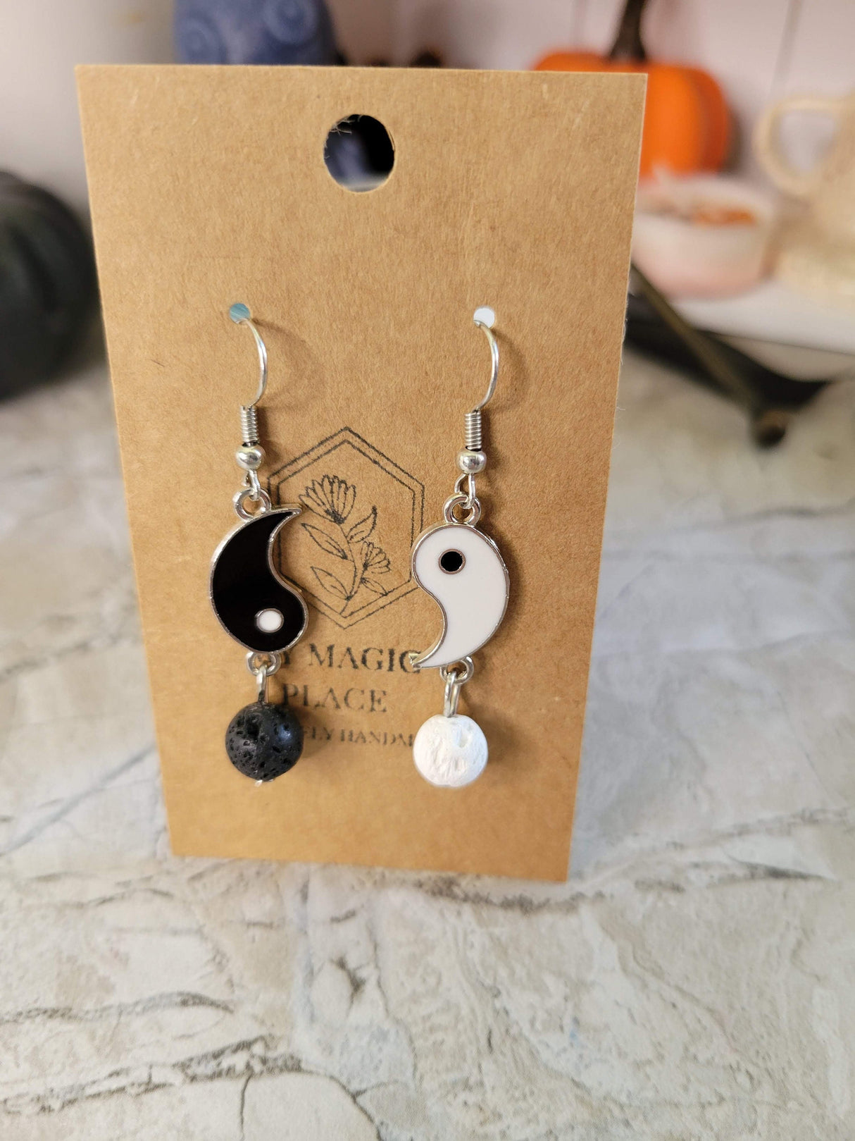 Yin yang matching asymmetrical earrings, brass dangle earrings with natural lava rock for women