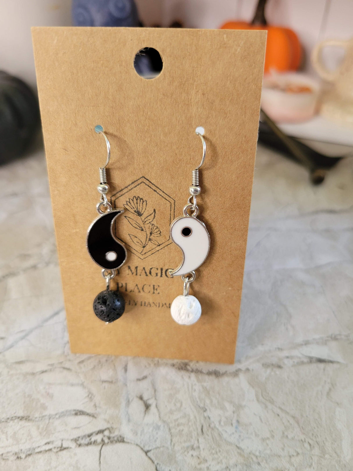 Yin yang matching asymmetrical earrings, brass dangle earrings with natural lava rock for women