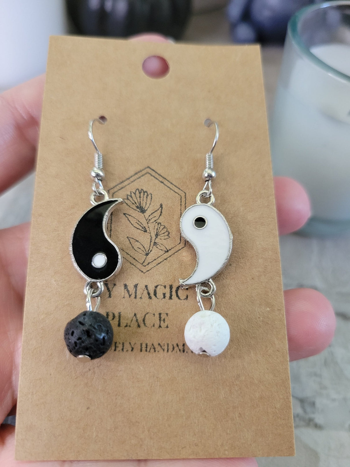 Yin yang matching asymmetrical earrings, brass dangle earrings with natural lava rock for women