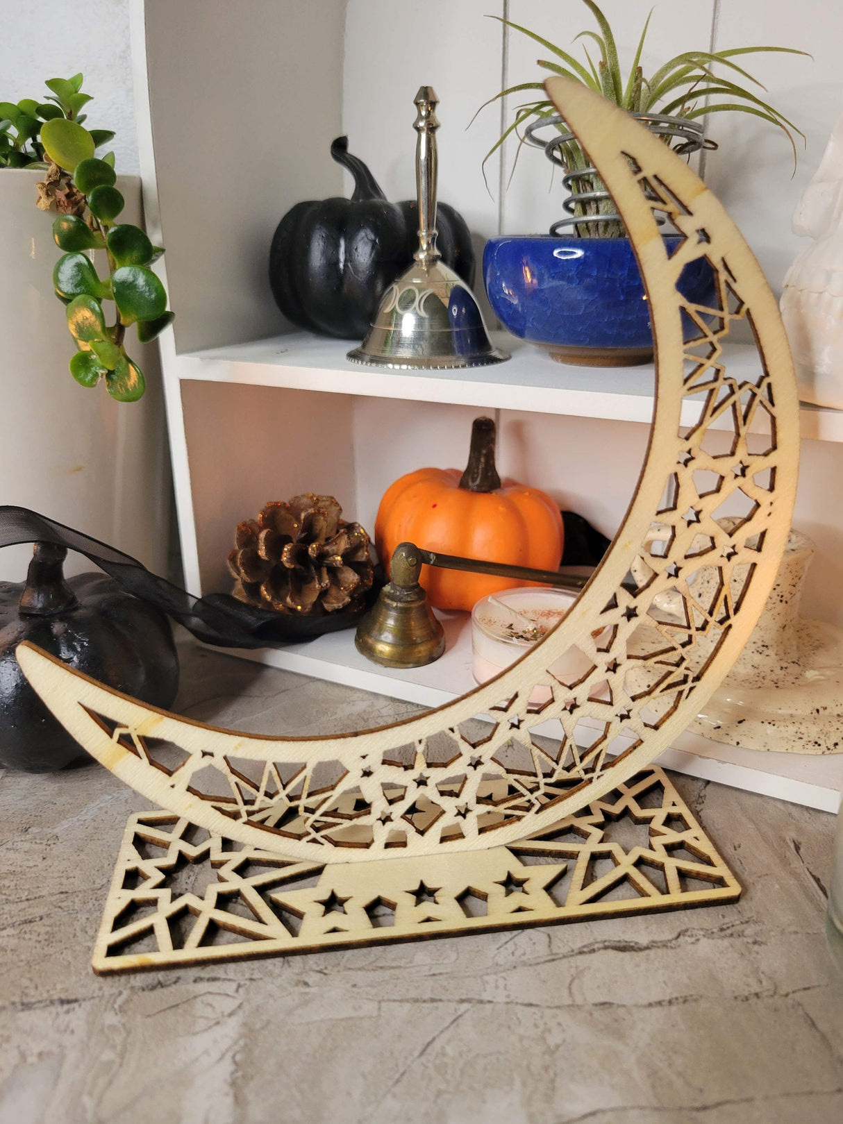 Handmade Wooden Moon Ornament: Witchy Tabletop Decor