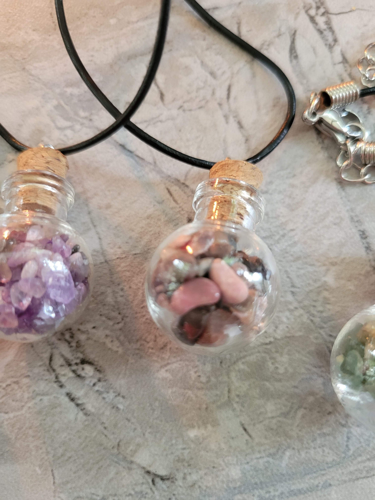 Glass wishing bottle leather cord pendant necklaces, with natural gemstone chip beads