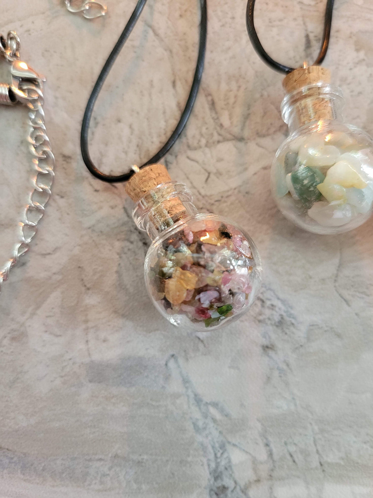 Glass wishing bottle leather cord pendant necklaces, with natural gemstone chip beads