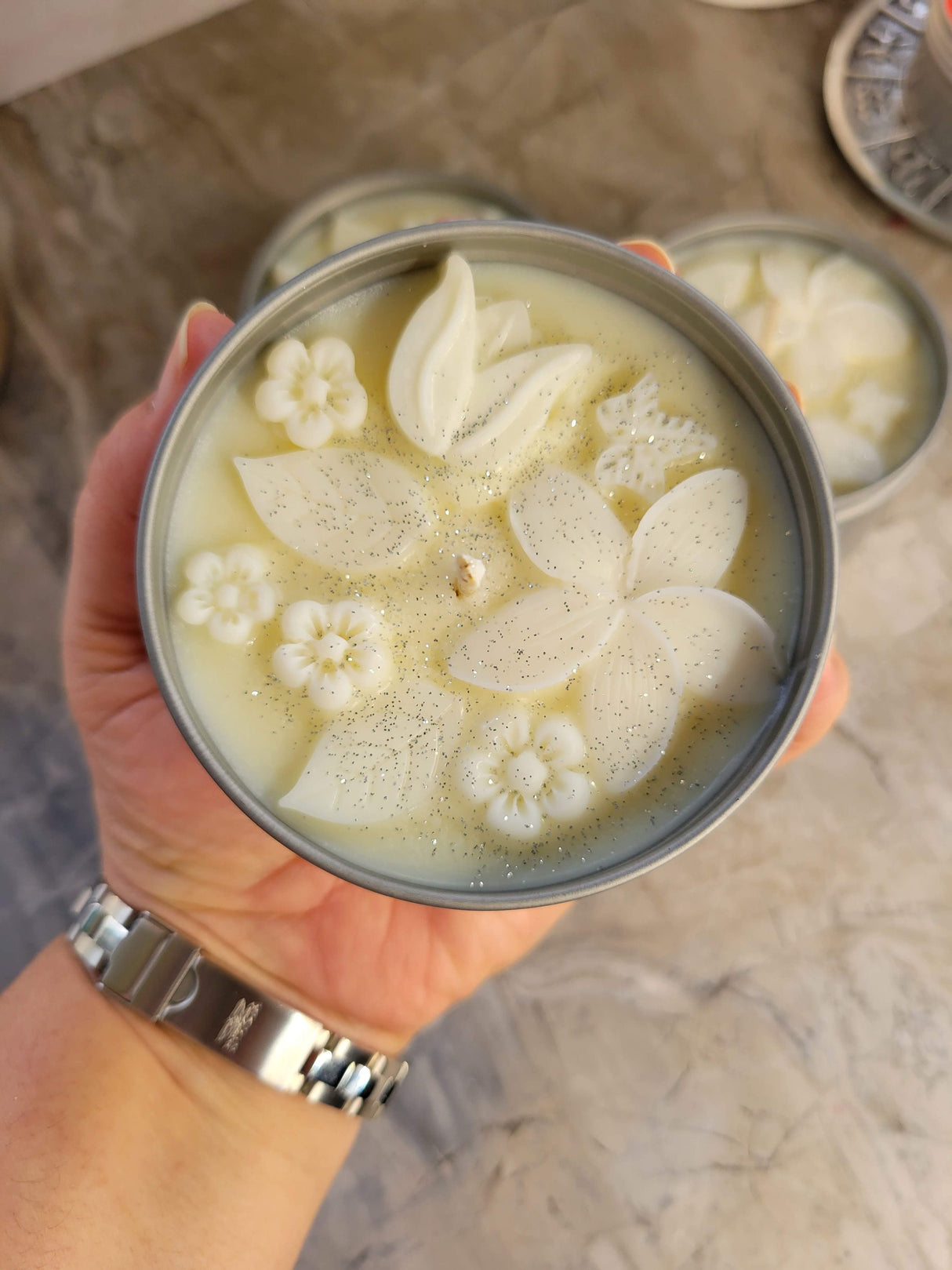 Flower Shop Scented Soy Candle: Christmas Tin Jar, Intention Candle