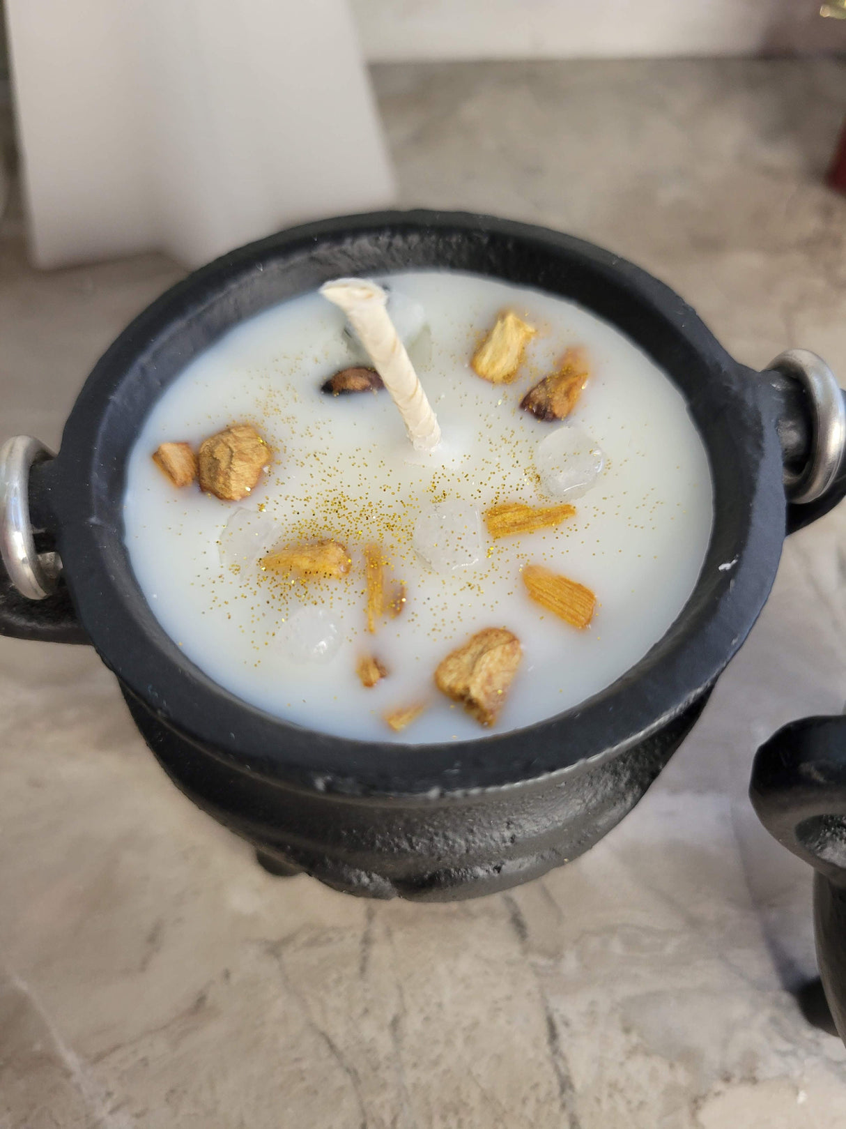 Triple Moon Cauldron Candle: Palo Santo Soy Wax, Clear Quartz Crystal